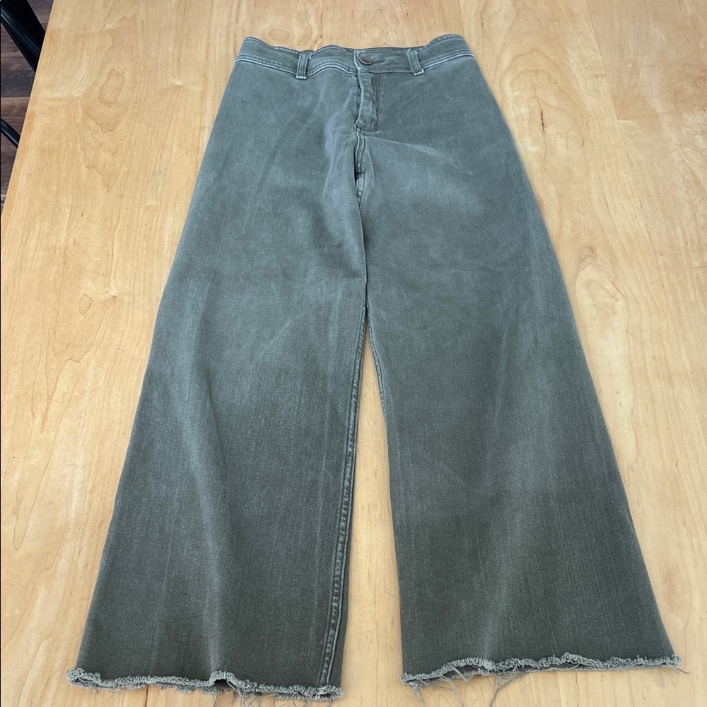 Wide-Leg Flare Jeans in Washed Olive with Raw Hem